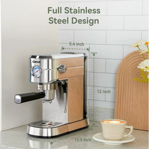 20 Bar Dual Mode Espresso Machine With Portafilter For Nespresso Original Capsules Or Ground Coffee on counter with latte