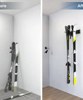 Before and after of Garage Ski Wall Rack Holds 2 Pairs Of Skis With Adjustable Rail, showing skis off floor in garage.