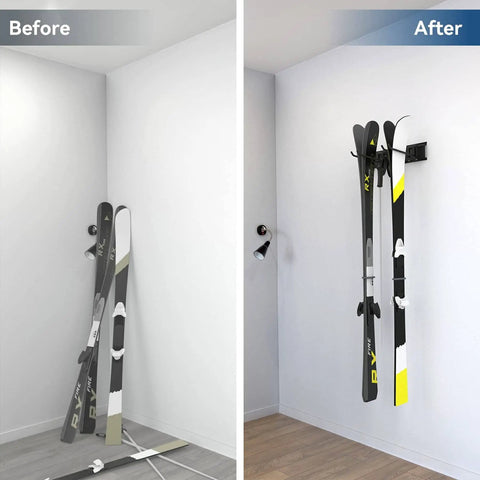Before and after of Garage Ski Wall Rack Holds 2 Pairs Of Skis With Adjustable Rail, showing skis off floor in garage.