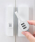 Close-up of 2 Pack White 180 Degree Barn Door Lock With 3 Digit Password Keyless Mechanical Lock Flip Latch showing use on door.