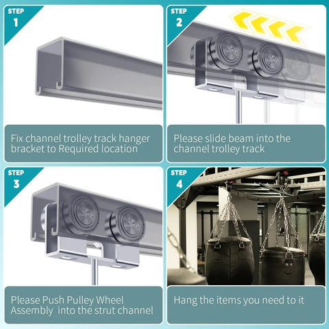 Installation steps for P2750EG Trolley Assembly For Light Duty Electric Hoist Fits 1 5 Eighth Inch Wide Or Taller Strut Channels Unistrut.