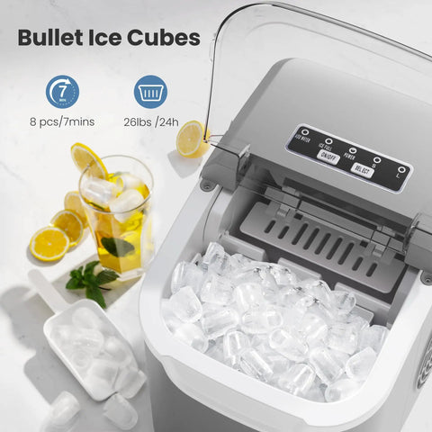 Portable Countertop Ice Maker With Handle Delivers 9 Bullet Shaped Ice Cubes In About 6 Minutes 26 Lbs Per Day Self Cleaning Function