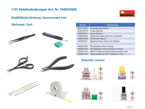 Recommended tools for assembling the 1:35 scale hand pallet truck plastic model kit unassembled no paint or glue included