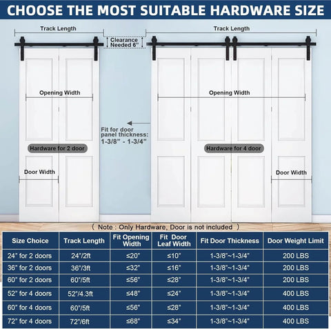 Infographic showing dimensions and specifications of barn door hardware, featuring 52 Inch Barn Door Track Sliding Kit With Side Mounted Black Rollers For Bifold Doors Up To 400 Lbs Smooth And Quiet Operation Easy Install Beefy Heavy Duty Hardware For Four Doors Door Not Included.