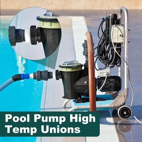 Hi Temp Unions 4 Pack For 2 Inch MIP Threads Pool Pumps With 2 Inch PVC Slip Socket Ends Compatible With Pentair Whisperflo And Intelliflo Pumps Briwooody installed on pool pump next to pool.