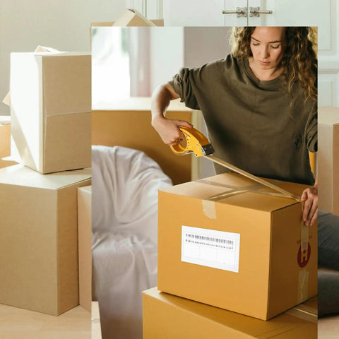 Woman sealing box with 100 Count White Self Adhesive Packing List Envelopes With Large Capacity For Mailing And Packing Documents