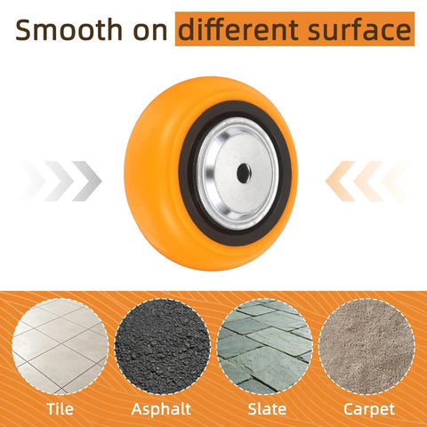 Super Tough 4 Pack 5 Inch Heavy Duty Rolling Caster Wheels Five Eighth Inch Bore Industrial Replacement Casters Zero Hassle Mounting Kit shown on various surfaces.