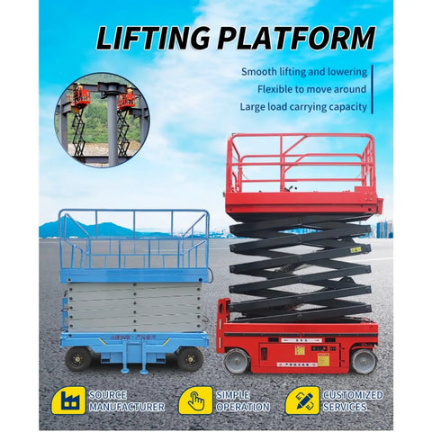 Shop Tough Heavy Duty Scissor Lift Platform Built Like A Tank For Industrial Material Handling And Machine Installation Featuring Reinforced Steel Base And Rock Solid Guardrails, showcasing two scissor lifts in blue and red.