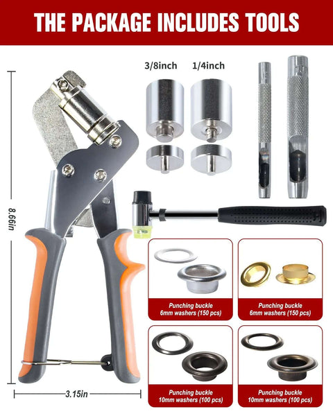 Pro Grade Grommet Kit with hammer, plier, punchers, and grommets in different sizes for DIY tarps and leather projects