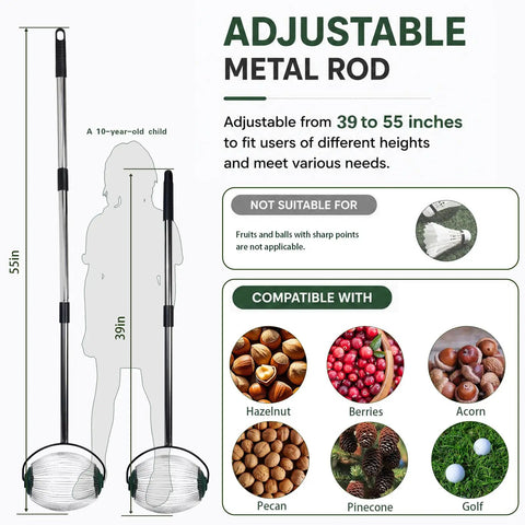 Adjustable metal rod from 39 to 55 inches for Straight Up Easy Roll Pine Cone Picker Upper with telescoping handle.