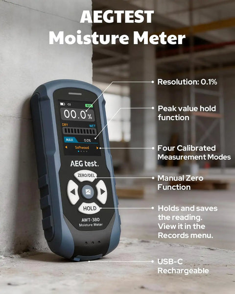 Rechargeable Pinless Moisture Meter For Wood Drywall And Masonry With Color Display, Adjustable Alarm, Data Logs, And Non Destructive Water Leak Detection, Ultra Fast One Second Readings And Dual Scan Per Second For Home Use, AWT-380 on concrete wall