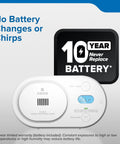 Top Shelf Carbon Monoxide Detector With Ten Year Battery Backup And Loud Eighty Five Decibel Alert For Worry Free Home Safety Monitoring And Quick Low Level Hazard Scan Shield showing 10 year battery feature.