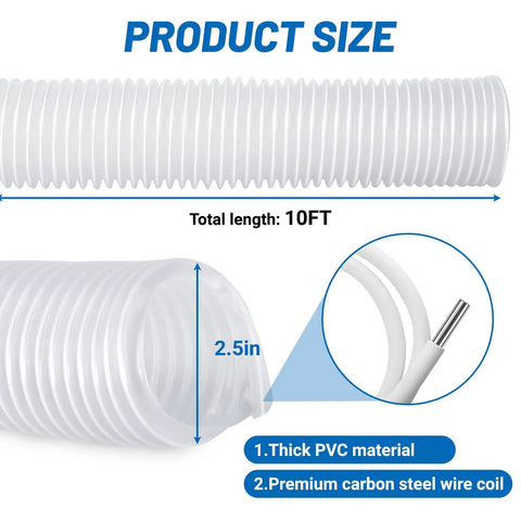 Heavy Duty 2.5 Inch By 10 Foot Clear Flexible Pvc Dust Collection Hose Kink Resistant Design optimized for woodworkers shown with size details.