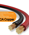 Straight Plug Zero Gauge CCA Battery Cable 40 Foot Spool With Top Shelf Crimp Lugs And Heat Shrink Tubing No Fuss Installation For Automotive Amp Winch Ground Or Power Setup red and black battery cable close-up showing copper strands