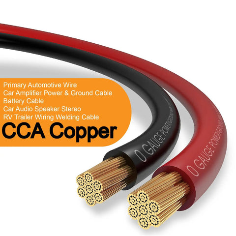 Straight Plug Zero Gauge CCA Battery Cable 40 Foot Spool With Top Shelf Crimp Lugs And Heat Shrink Tubing No Fuss Installation For Automotive Amp Winch Ground Or Power Setup red and black battery cable close-up showing copper strands