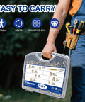 Person carrying Beast 14 Inch Rivet Nut Tool Kit With 8 Mandrels And 500 Rivnuts in a sturdy plastic case with tools in a belt.
