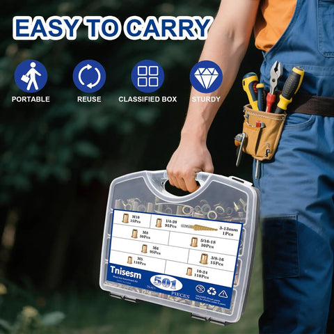 Person carrying Beast 14 Inch Rivet Nut Tool Kit With 8 Mandrels And 500 Rivnuts in a sturdy plastic case with tools in a belt.