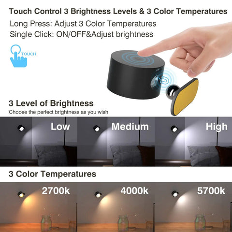 Rechargeable Magnetic LED Reading Light Wall Sconce with touch control, showing brightness and color temperature settings.