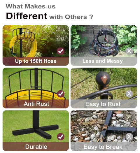 Freestanding Garden Hose Holder And Organizer Stand For Outdoor Use comparison showing features like anti-rust and durability.