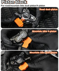 Hydraulic Bike Brake Bleed Kit For Shimano, SRAM, Tektro, And Magura, showing use on dual-piston road and 4-piston mountain bike brakes.