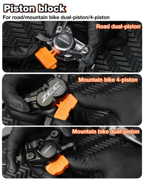 Hydraulic Bike Brake Bleed Kit For Shimano, SRAM, Tektro, And Magura, showing use on dual-piston road and 4-piston mountain bike brakes.
