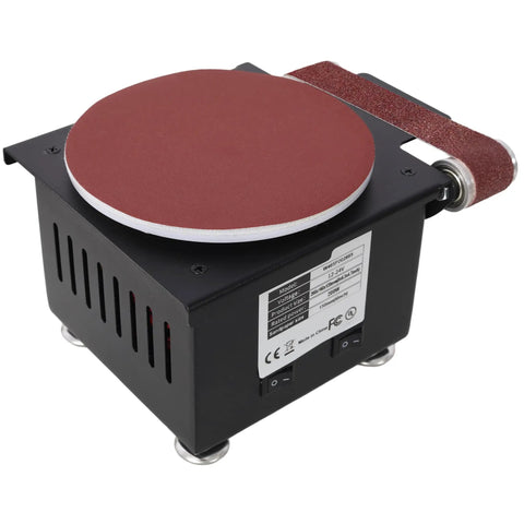 Heavy Duty Mini Belt Disc Sander And Bench Grinder, 2 In 1 Electric Spindle Sander Machine with a red sanding disc and belt.