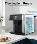 Countertop Ice Maker 2 In 1 Water Dispenser Drop Dead Fast Round Ice Maker With Cold Water On Demand and 1 Custom Ice Settings, showing self-cleaning mode.