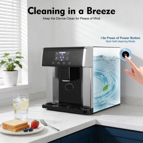 Dead Simple Two In One Countertop Ice Maker And Water Chiller Station For Home Bars with touch interface and self-clean mode.
