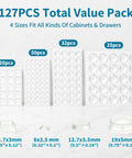 Smooth Operator Premium Cabinet Bumpers Self Adhesive Silicone Pads For Quiet Doors And Kitchen Drawers Furniture Protectors Anti Collision Guards 127 Piece Set showing various sizes of clear silicone pads.