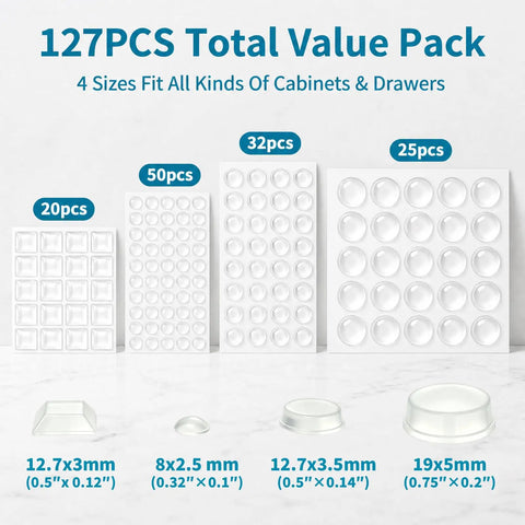 Smooth Operator Premium Cabinet Bumpers Self Adhesive Silicone Pads For Quiet Doors And Kitchen Drawers Furniture Protectors Anti Collision Guards 127 Piece Set showing various sizes of clear silicone pads.