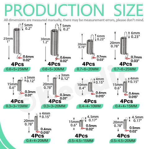 Dimensions of springs in 100Pcs Stainless Steel Extension Spring Kit In 25 Sizes, 0.3mm To 1.2mm Wire Diameters, storage included
