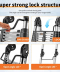 Pro Grade Telescoping A Frame Ladder 16.5 Foot With Dual Locks And Triangular Stabilizers, ANSI EN131 Safety Certified, 330 lbs Capacity, Wide Anti Slip Rungs, Reinforced Feet For Rock Solid Stability On Every Step. ladder lock joint close-up, aluminum