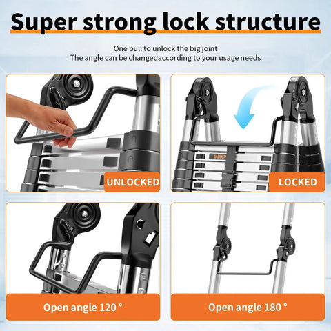 Pro Grade Telescoping A Frame Ladder 16.5 Foot With Dual Locks And Triangular Stabilizers, ANSI EN131 Safety Certified, 330 lbs Capacity, Wide Anti Slip Rungs, Reinforced Feet For Rock Solid Stability On Every Step. ladder lock joint close-up, aluminum