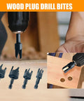 Shop Ready 9 Piece Wood Countersink Drill Bit Set Featuring Titanium Coated Tapered Burrs And Heavy Duty Wood Plug Cutter, drill bits in action on wood.
