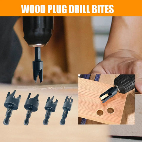 Shop Ready 9 Piece Wood Countersink Drill Bit Set Featuring Titanium Coated Tapered Burrs And Heavy Duty Wood Plug Cutter, drill bits in action on wood.