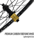 Close-up of Ultra Lightweight Carbon Wheelset 700C Aero Racing Tubeless Ready Clincher with gold hub for Road Cycling