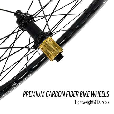 Close-up of Ultra Lightweight Carbon Wheelset 700C Aero Racing Tubeless Ready Clincher with gold hub for Road Cycling