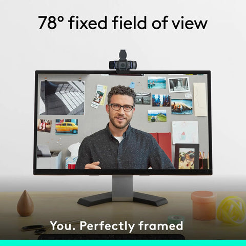 Super Crisp 1080p HD Webcam With Dual Built In Mics And A Smooth 78 Degree Field capturing clear video on a computer monitor.