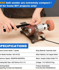 No Sweat Electric Mini Belt Sander And Knife Sharpener, Seven Speed Portable Bench Grinder on workbench, compact, stainless steel, 7-speed.