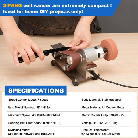 No Sweat Electric Mini Belt Sander And Knife Sharpener, Seven Speed Portable Bench Grinder on workbench, compact, stainless steel, 7-speed.
