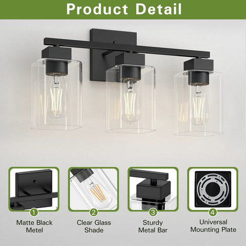 Matte Black Bathroom Vanity Light Three Light Fixture Over Mirror With Square Design UL Listed Wall Sconce Clear Glass Shades E26