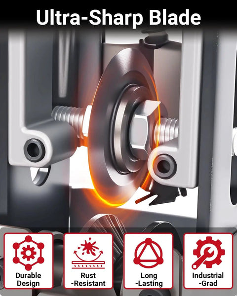 Close-up of an ultra-sharp blade in a drill powered wire stripper machine with no fuss manual crank option, 0.06 to 1 inch wire stripping range.