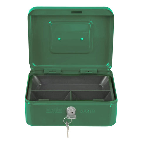 Steel Cash Box With Coin Compartment And Two Keys Green Money Safe For Bills And Coins Secure Nickel Plated Lock Durable Home Or Office Safe Measures 250 X 180 X 90 Mm open with key visible