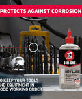Dry Lube Drip Oil For Tools And Gear Pro Grade 4 oz pack protects tools against corrosion with drill bits in background.