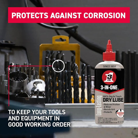 Dry Lube Drip Oil For Tools And Gear Pro Grade 4 oz pack protects tools against corrosion with drill bits in background.
