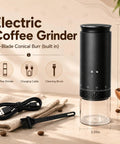 Chill Cordless Coffee Grinder With 38 Adjustable Settings, 2.55x7.87in, black conical burr, USB-C powered, includes charging cable and brush.