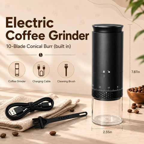 Chill Cordless Coffee Grinder With 38 Adjustable Settings, 2.55x7.87in, black conical burr, USB-C powered, includes charging cable and brush.