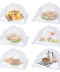 Assorted foods under Six Pack Mesh Food Covers 17x17 Inches Pop Up Patio Net For Outdoor Dining White Nylon Bug Screen Tents.
