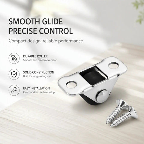Eight Pack Of One Half Inch Rigid Caster Wheels With Compact Low Profile Design For Smooth Rolling On Desks And Furniture Includes Premium Hardware Pieces, close-up of a durable caster wheel with installation screws.