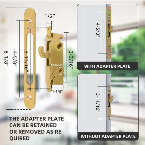 Diagram showing White Patio Sliding Glass Door Handle Set With Reversible Design Fits 1 3 8 To 2 1 4 Inch Thick Wood Or Vinyl Doors 3 15 16 Inch Hole Centers And 45 Degree Keyway For Offset B Position Latch Installations.